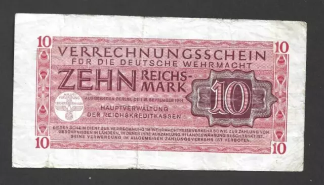 10 Reichsmark Vg  Banknote From German Nazi Military 1944  Pick-M40