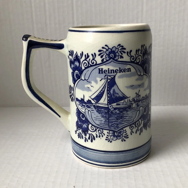 Delft Blue Hand Painted Dutch Sailing Ship & Windmill Heineken Stein Mug Holland