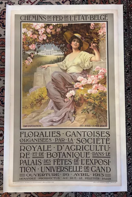 Ancienne affiche pub "Chemins de fer l'Etat belge" 1913 entoilée 63x100 cm TB