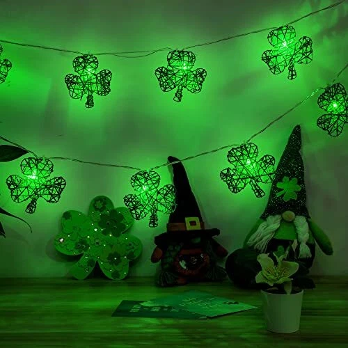 St Patricks Day Shamrock Decoration String Lights, 6.56 ft 3D Handmade Rattan