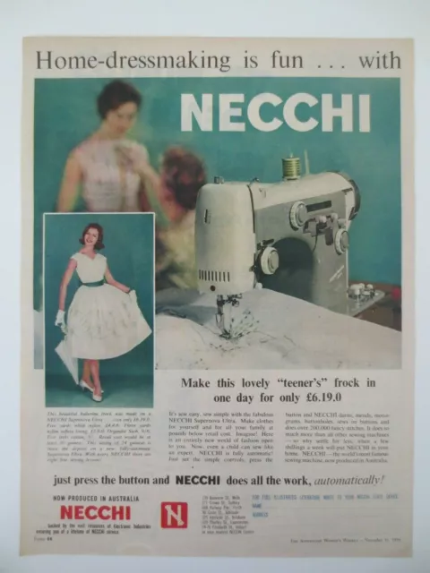 Vintage Australian advertising 1959 ad NECCHI SEWING MACHINE frock dress art