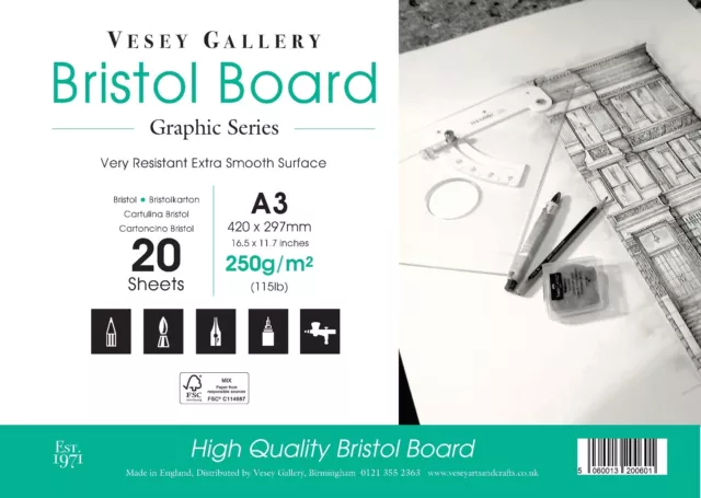 Bristol board Pad Sized A3 250gm Ultra Smooth White. 20 Sheets. Made in UK.