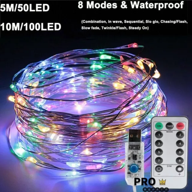 USB Twinkle LED String Fairy Lights 5-20M 50/100/200LED Copper Wire Party Remote