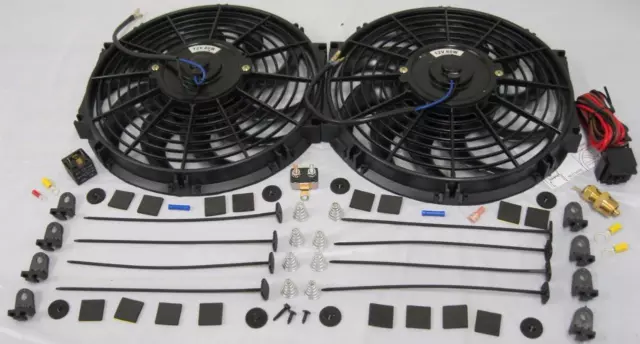 Dual 12" inch Curved S-Blade Electric Radiator Cooling Fans + Thermostat & Mount