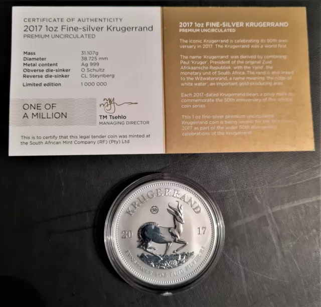 2017 South Africa 50th Anniversary Krugerrand Premium Silver 1oz Coin with cert