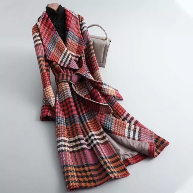 Womens Retro Warm Wool Coat Plaid Belted Outwear Long Coat Trench Windbreak