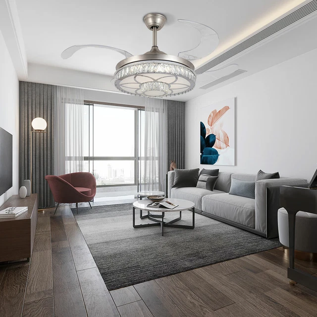 42'' LED Ceiling Fan Light 4 Retractable Blades 3 Color Crystal Chandelier