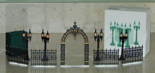 Dept 56 Victorian Wrought Iron Fence & Village Double Street Light Lamp Posts