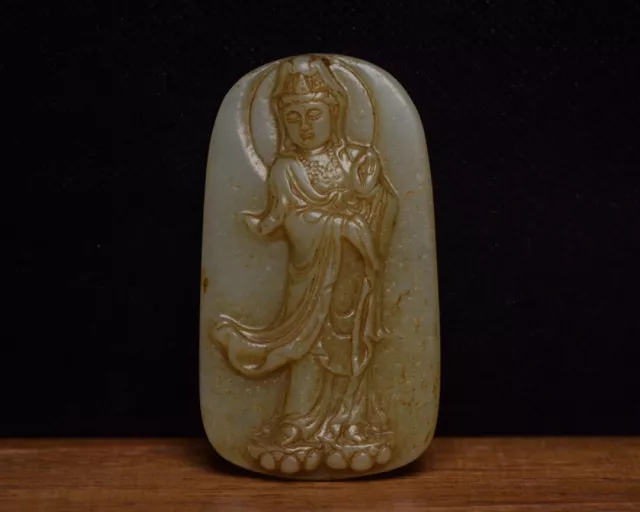 Collection Chinese Antique Hetian Jade Carved Kwan-yin Statue Pendant Jewelry