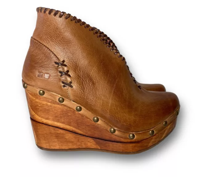 Bed Stu Womens Marina Tan Teak Rustic Leather Wood Wedge Boot Bootie Size 7.5 M