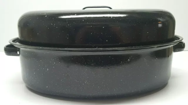 Oval Roasting Pan 18" Black Roaster Lid Lifting Rack Cookware