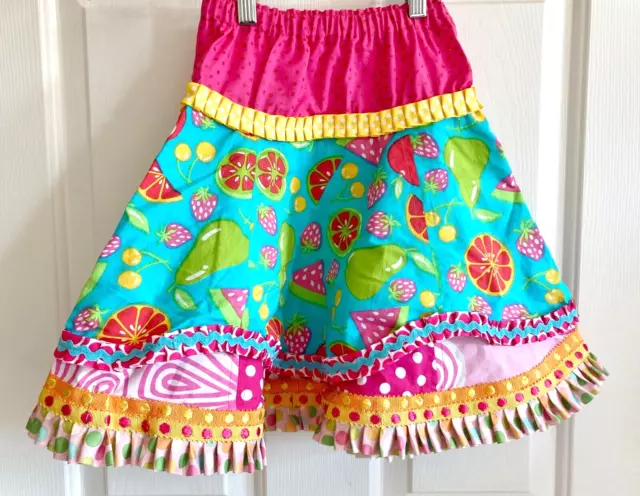 Girl's skirt, handmade, size 5/6, turquoise & pink, elastic waist & ribbon trim