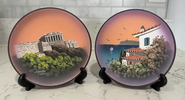 2 Signed Hand Made Ceramic Wall Hanging Decorative Plate Made in Greece, New