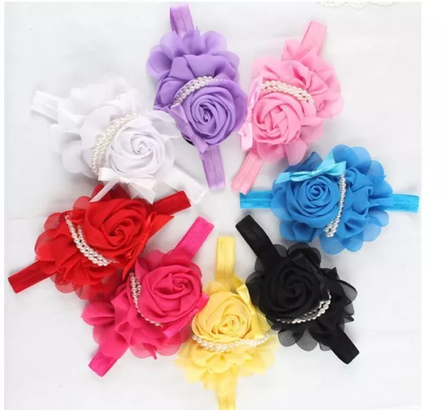 Baby Girl Toddler Elastic Chiffon Flower Headband Kids Pearl colour Purple