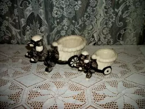 MCM FRENCH POODLE CART VASES PLANTERS HP JAPAN SHAFFORD PAIR VINTAGE 1950s