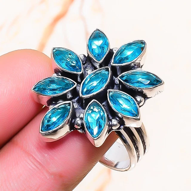 Swiss Blue Topaz Gemstone Handmade Gift Jewelry Ring Size 9.5 s057
