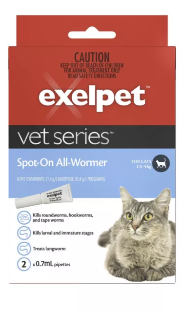 CAT WORMS Exelpet Vet Series Spot On All Wormer For Cats 2 Pack