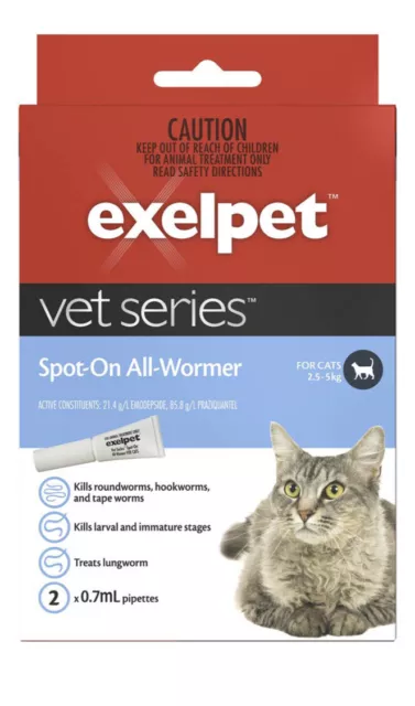 CATS VET WORMS Exelpet Vet Series Spot On All Wormer For Cats 2 Pack