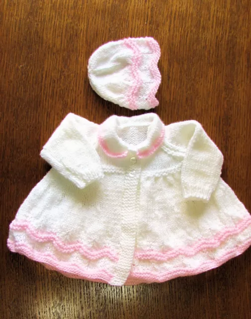 white and pink matinee set new 0 to 3 months hand knitted coat and bonnet reborn