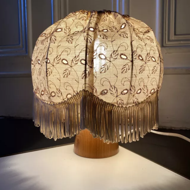 Mid Century Floral Lamp Shade Wooden Base Stitched Scalloped Shabby Chic Vintage