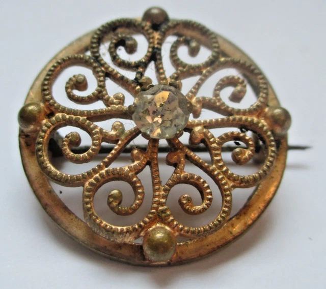 Broche Ancienne Feuille Plaqué Or Avec Cristal Bleu Aigue-marine - Bijou Vintage - Occasion