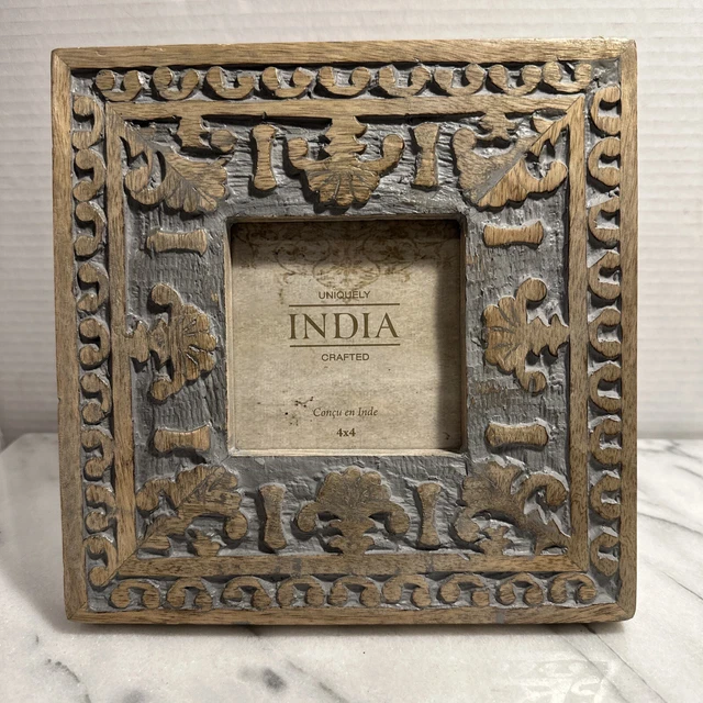 Hand Carved Indian Mango Wood PHOTO FRAME Solid Antiqued Wood 4” Sq Photo Space