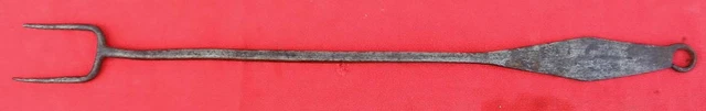 Antique 19th Hand Forged Wrought Iron Roasting Fork Fireplace 2 Tine F6