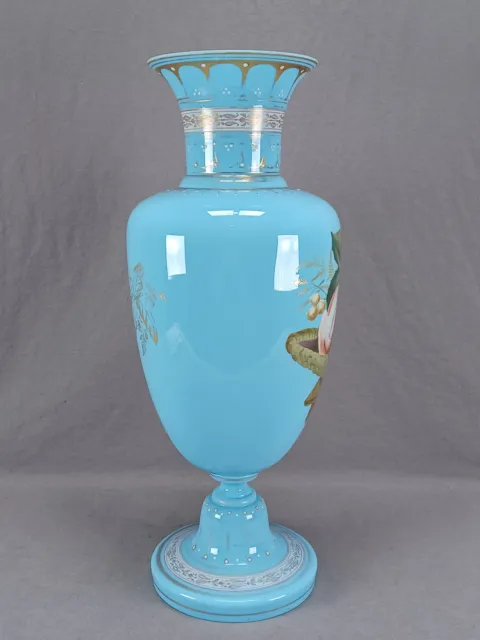 Harrach Bohemian Hand Enameled Basket of Fruit Blue Opaline 17 1/8 Inch Vase 3
