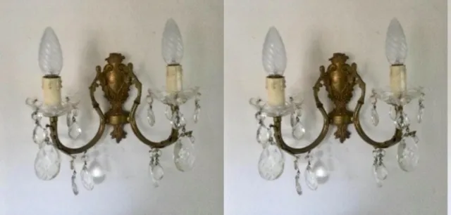 Pair Antique French Wall Lights Sconces Lots Crystal Droplets & Gilt Double arms