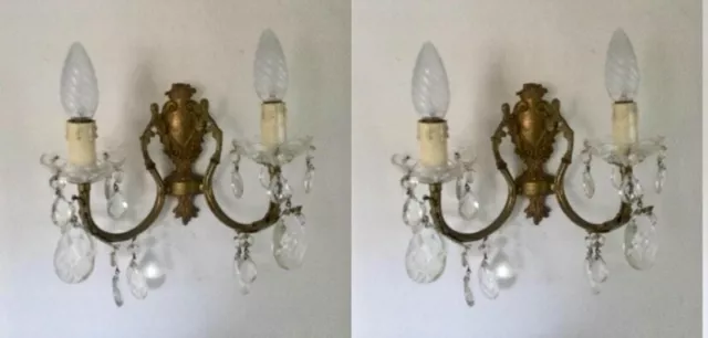 Pair Antique French Wall Lights Sconces Lots Crystal Droplets & Gilt Double arms