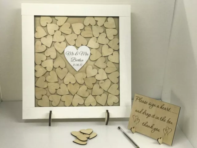 Personalised white wedding guest book drop box wooden hearts keepsake gift