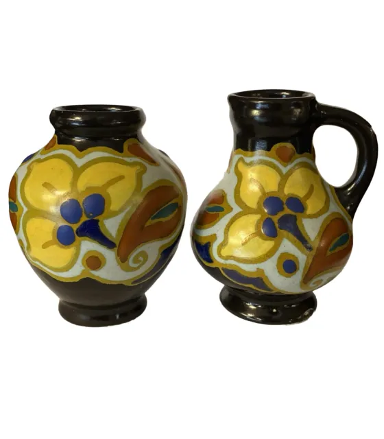 Earthenware Art Nouveau Natrius Gelria Gouda Miniature Vase and Jug circa 1930