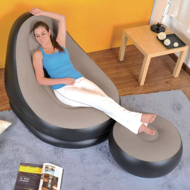Inflatable Deluxe Lounge Lounger Chair With Ottoman Foot Stool Seat Relax Couch