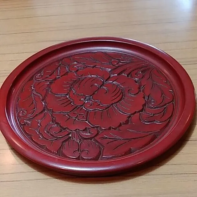 Japanese Wooden KAMAKURA carved Handmade BON tray Flower Round Red φ10.6"