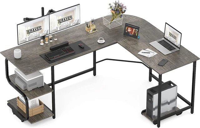 Reversible L Shaped Desk with Large Surface, 69 Inch Sturdy Corner Desk with Sto