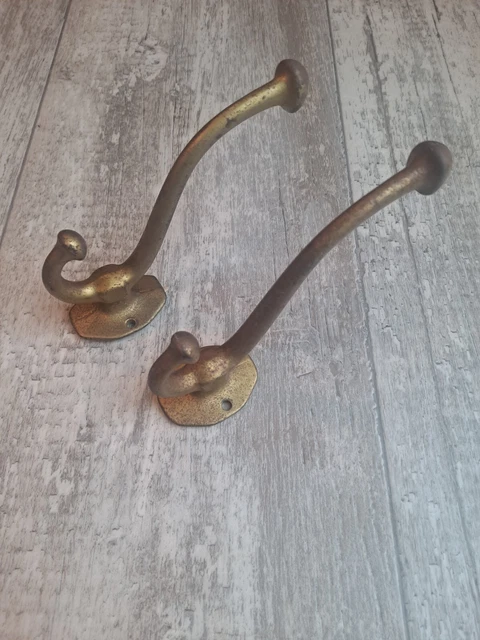 2 Vintage Antique Double Coat Hat Hooks Gold Tone Iron 5.5" Heavy 2