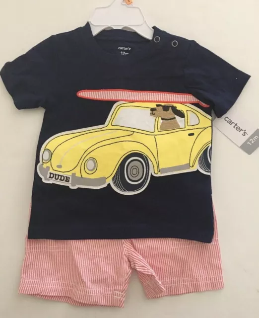 Carters Boy's 2pc Set T-Shirt, Shorts - Surfing Dog in Car Size 12 Months NWT