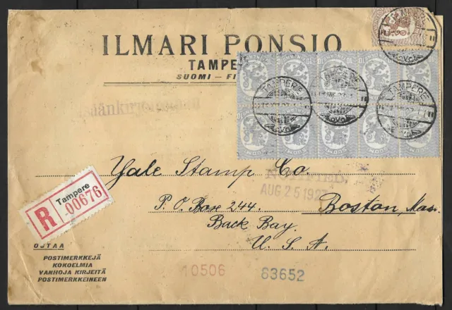 Finland 1927 Multi franked R-Firm cover Tampere to Boston