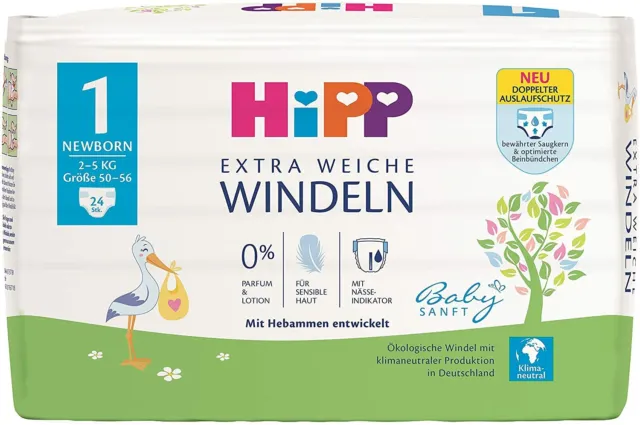 HiPP Babysanft Windeln Newborn 1 2-5 Kg / 24 Stück Extra Weiche Windeln