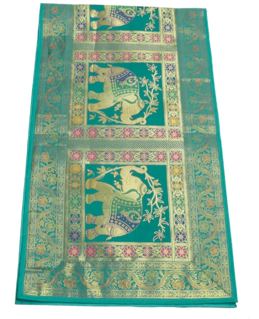Green Indian Banarasi Silk Brocade Paisley Table Runner Dining Decor Cloth
