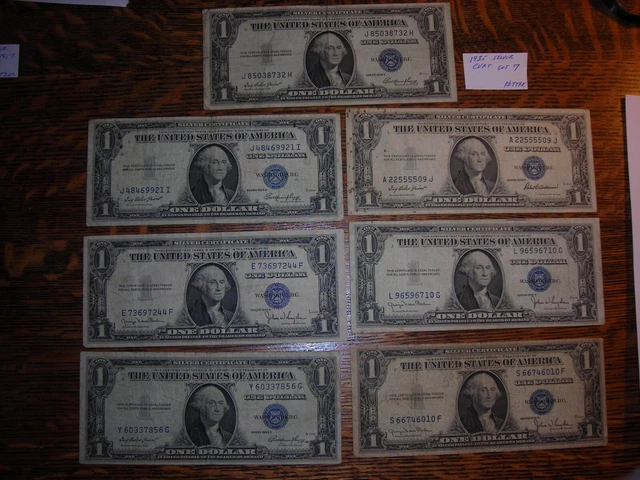 $1 Dollar 1935 Lot Of 7 Note's One Dollar Bill Blue Seal Silver Certificate's