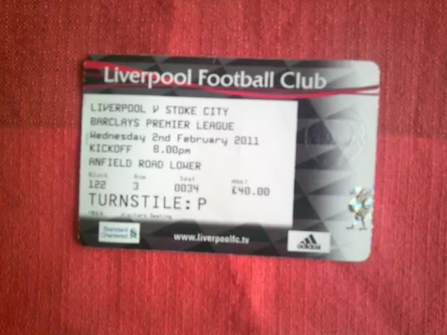 LIVERPOOL V STOKE CITY Football Ticket Stub 2nd Feb 2011 LUIS SUAREZ Debut