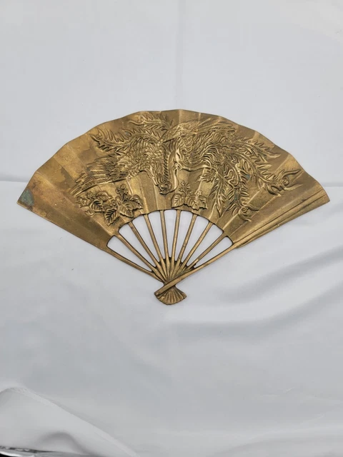 Vintage Solid Brass Oriental Style Hand Fan Raised Phoenix Dragon Wall Decor