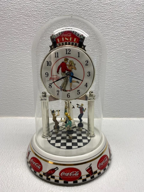 Coca Cola Diner Anniversary Glass Cover Cylinder Clock Spinning Figures Tested