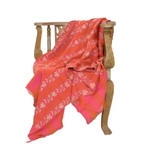 Sanskriti Vintage Peach Pure Woollen Shawl Hand Embroidered Long Throw Stole