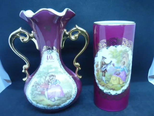 Vintage Limoges Porcelain x 2 v65 Vase 40 th Anniversary Vase Fragonard Lovers.