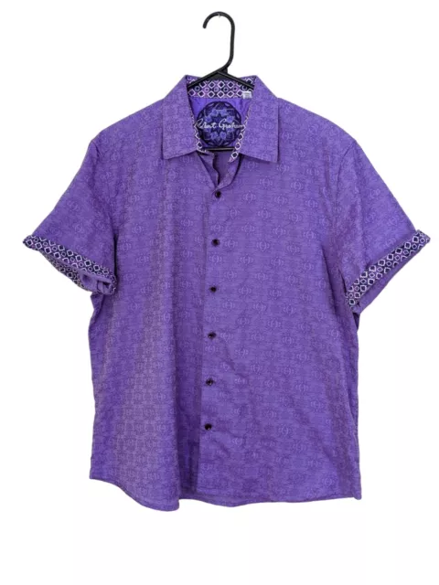 Robert Graham Mens Size XL Button Up Shirt Purple Brocade Batik Cotton Flip Cuff