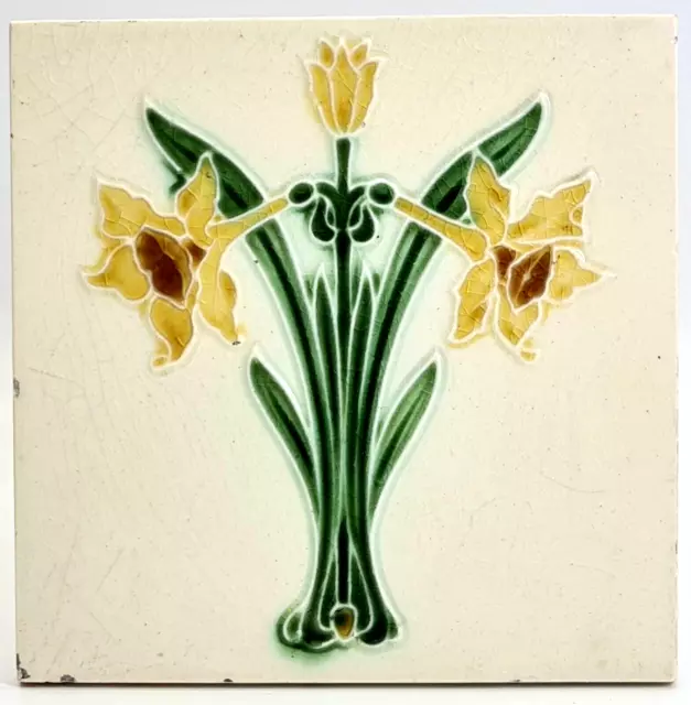 Antique Fireplace Tile Majolica Daffodils Lea & Bolton C1907