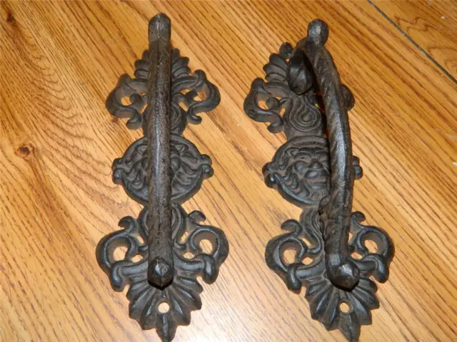 Set Of 2 Ornate Wrought Iron Lions Head Door Gate Entry Pull Handles  9 1/4"