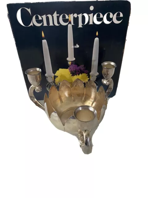 VINTAGE Leonard Silver Plate Lotus Flower Bowl With 3 Candle Holder Centerpiece